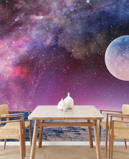 Carta da parati con cieli viola, luna e stelle Carta da parati con cieli viola, luna e stelle