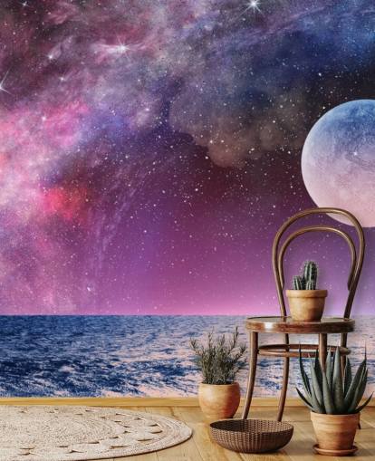 Carta da parati con cieli viola, luna e stelle Carta da parati con cieli viola, luna e stelle