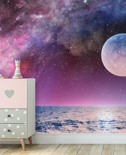 Papel de Parede de Céu Roxo, Lua e Estrelas Papel de Parede de Céu Roxo, Lua e Estrelas