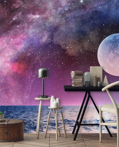 Carta da parati con cieli viola, luna e stelle Carta da parati con cieli viola, luna e stelle