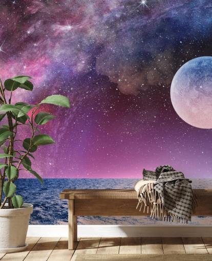 Papel de Parede de Céu Roxo, Lua e Estrelas