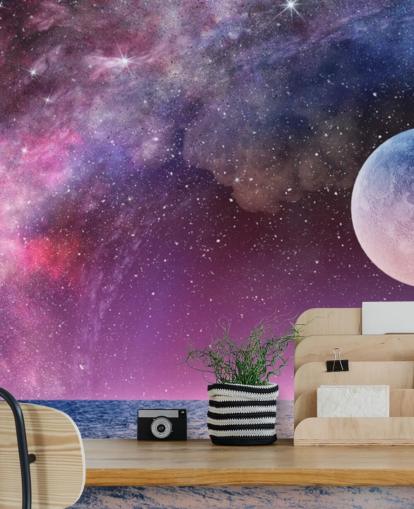 Carta da parati con cieli viola, luna e stelle