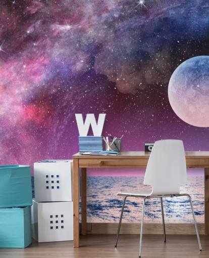 Carta da parati con cieli viola, luna e stelle