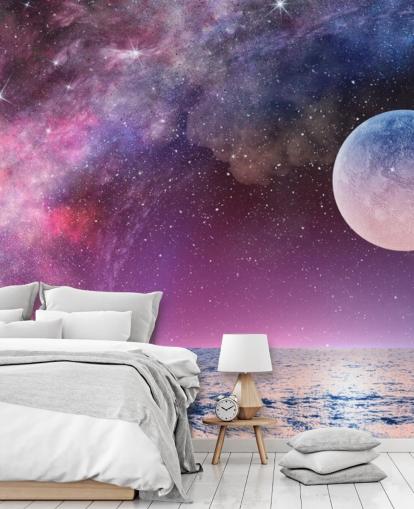 Papel de Parede de Céu Roxo, Lua e Estrelas Papel de Parede de Céu Roxo, Lua e Estrelas