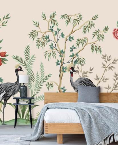 Chinoiserie-Bäume und Vögel auf pastellrosa Hintergrund-Tapete