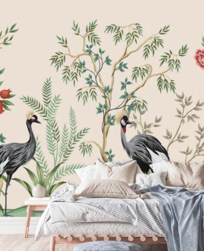 chinoiserie trees and birds on pastel pink background wallpaper