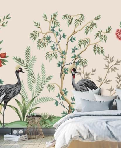 alberi di chinoiserie e uccelli su sfondo rosa pastello carta da parati