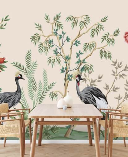 chinoiserie bomen en vogels op pastelroze achtergrondbehang