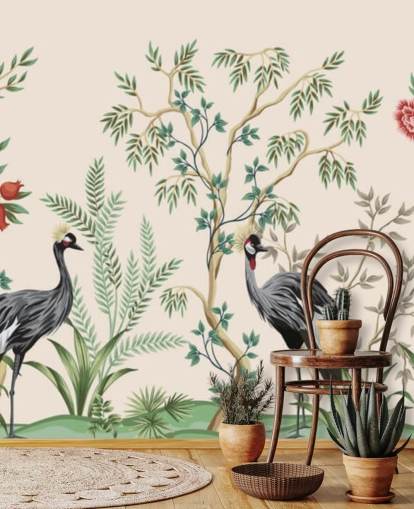 chinoiserie trær og fugler på pastell rosa bakgrunn tapet