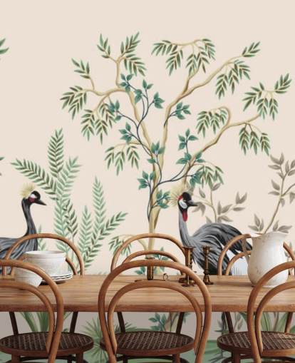 arbres chinoiseries et oiseaux sur fond rose pastel papier peint