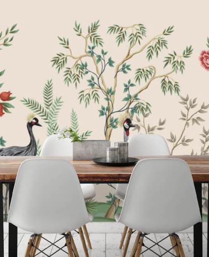 chinoiserie bomen en vogels op pastelroze achtergrondbehang