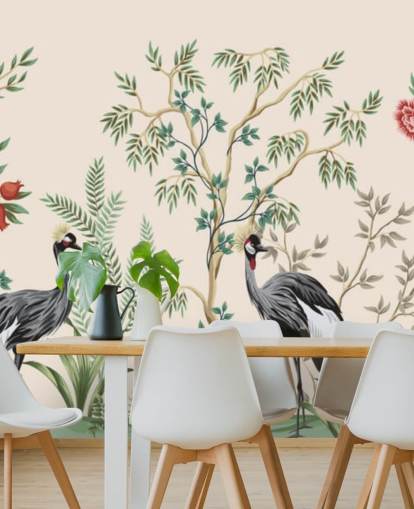 árvores chinoiserie e pássaros no papel de parede de fundo rosa pastel árvores chinoiserie e pássaros no papel de parede de fundo rosa pastel