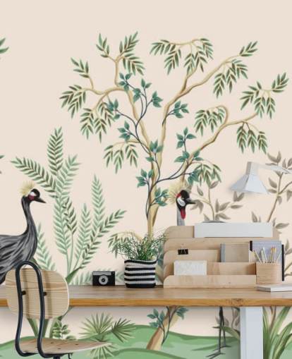 chinoiserie trees and birds on pastel pink background wallpaper