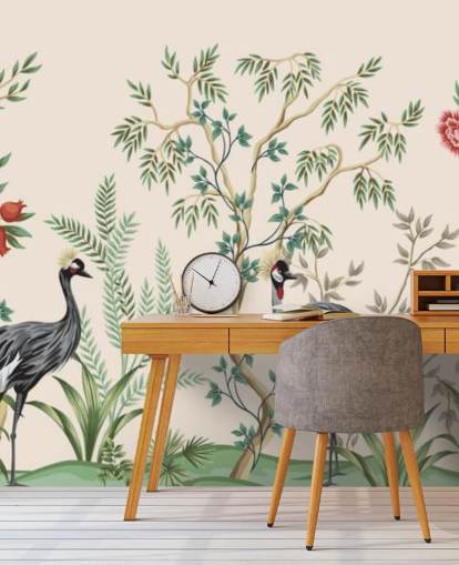 árvores chinoiserie e pássaros no papel de parede de fundo rosa pastel