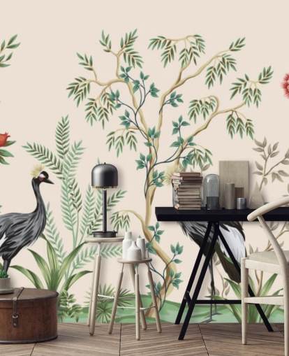 arbres chinoiseries et oiseaux sur fond rose pastel papier peint