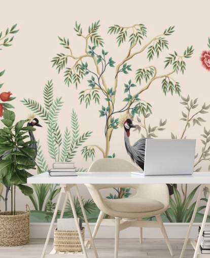 Chinoiserie-Bäume und Vögel auf pastellrosa Hintergrund-Tapete