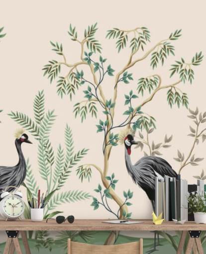 árvores chinoiserie e pássaros no papel de parede de fundo rosa pastel