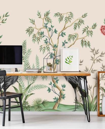 chinoiserie trær og fugler på pastell rosa bakgrunn tapet chinoiserie trær og fugler på pastell rosa bakgrunn tapet