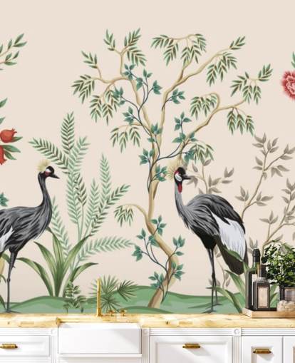 arbres chinoiseries et oiseaux sur fond rose pastel papier peint