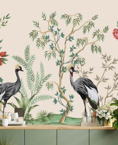 arbres chinoiseries et oiseaux sur fond rose pastel papier peint