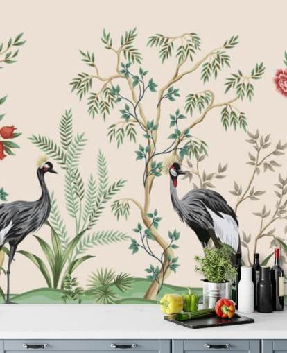 chinoiserie trær og fugler på pastell rosa bakgrunn tapet chinoiserie trær og fugler på pastell rosa bakgrunn tapet