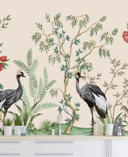 árvores chinoiserie e pássaros no papel de parede de fundo rosa pastel árvores chinoiserie e pássaros no papel de parede de fundo rosa pastel