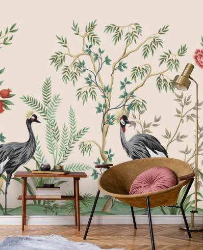 chinoiserie trees and birds on pastel pink background wallpaper