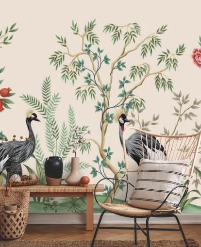 árboles y pájaros chinoiserie sobre fondo rosa pastel