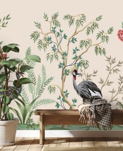 árboles y pájaros chinoiserie sobre fondo rosa pastel