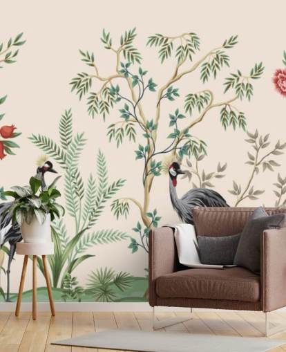 alberi di chinoiserie e uccelli su sfondo rosa pastello carta da parati