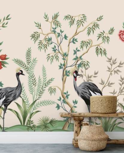 alberi di chinoiserie e uccelli su sfondo rosa pastello carta da parati