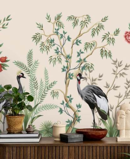 chinoiserie trær og fugler på pastell rosa bakgrunn tapet chinoiserie trær og fugler på pastell rosa bakgrunn tapet