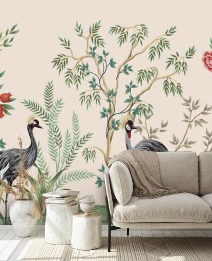 chinoiserie trær og fugler på pastell rosa bakgrunn tapet