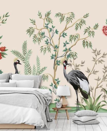 chinoiserie bomen en vogels op pastelroze achtergrondbehang chinoiserie bomen en vogels op pastelroze achtergrondbehang