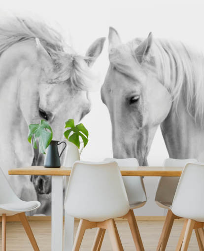 Schwarzweiß-Tapete mit Portrait von zwei Pferden