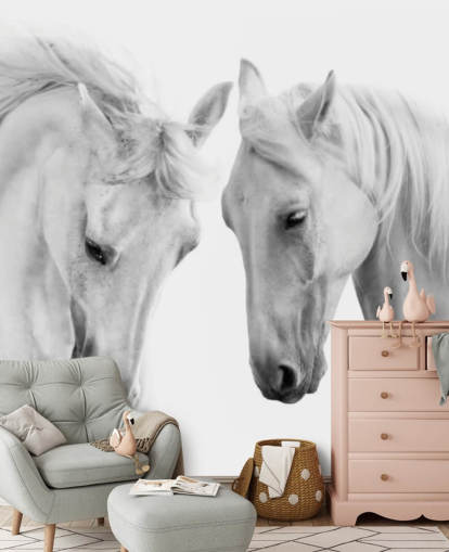 zwart-wit portret van twee paarden behang