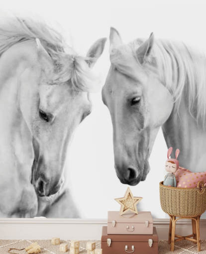 zwart-wit portret van twee paarden behang
