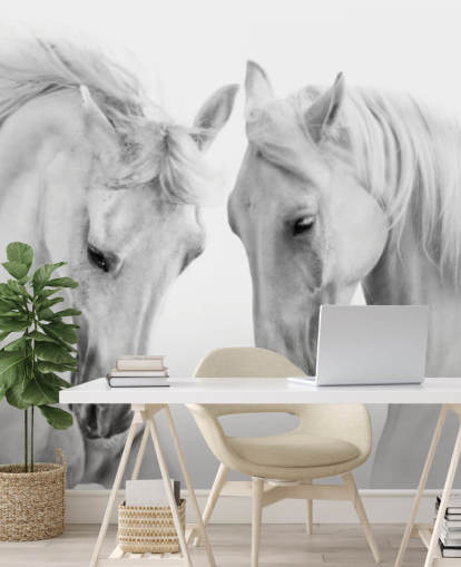 papel de parede de retrato preto e branco de dois cavalos