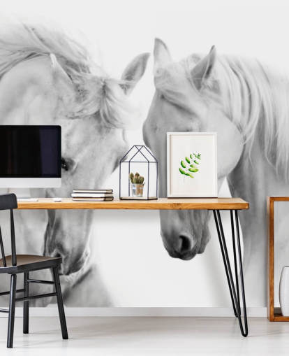 zwart-wit portret van twee paarden behang