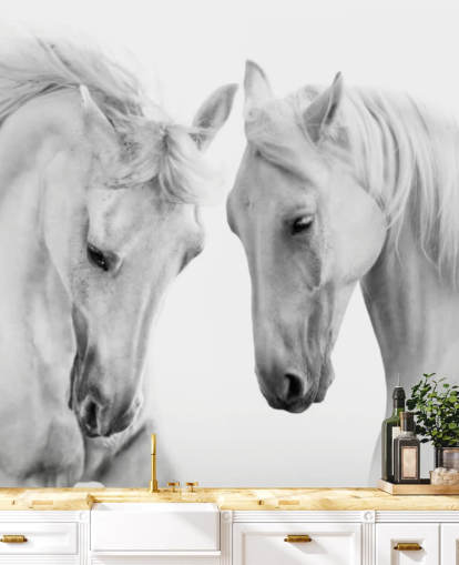 zwart-wit portret van twee paarden behang
