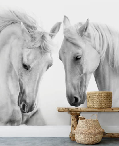 papel de parede de retrato preto e branco de dois cavalos