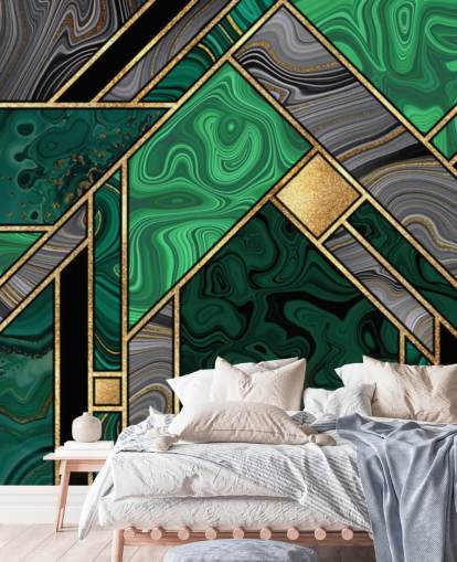 vihreä ja harmaa marmorinen geometrinen kuvio kultaisella tapetilla