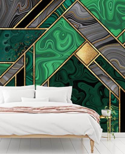 geometrisches Muster aus grünem und grauem Marmor mit goldener Tapete geometrisches Muster aus grünem und grauem Marmor mit goldener Tapete