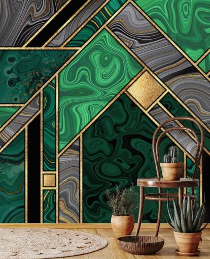 motif géométrique en marbre vert et gris avec papier peint doré