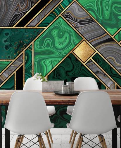 grönt och grått marmor geometriskt mönster med guld tapet