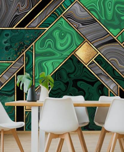 padrão geométrico de mármore verde e cinza com papel de parede dourado