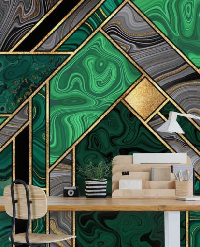 green and grey marble geometric pattern with gold wallpaper