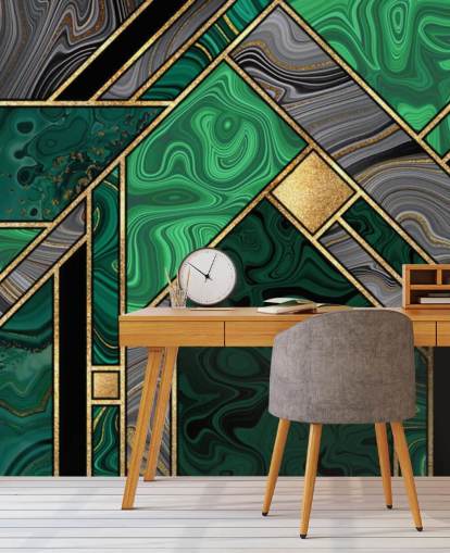 padrão geométrico de mármore verde e cinza com papel de parede dourado