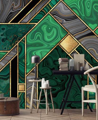 grönt och grått marmor geometriskt mönster med guld tapet