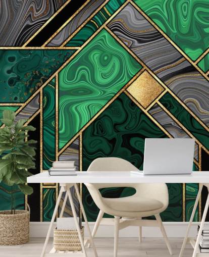 patrón geométrico de mármol verde y gris con papel pintado dorado